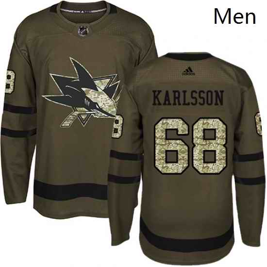 Mens Adidas San Jose Sharks 68 Melker Karlsson Authentic Green Salute to Service NHL Jersey